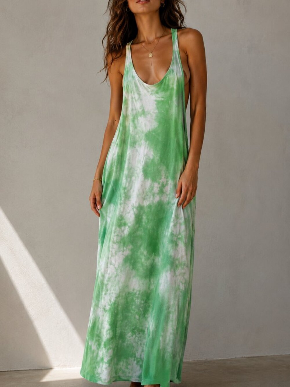 Victoria's Secret Tank Tee Size Medium Green Gray Nightgown Maxi Long Tie Dye